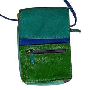 RFID Crossbody Purse Bag Wallet Cell Phone Holder Leather Blue Green bv
